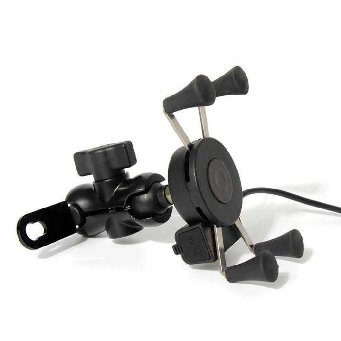 Suporte telemóvel USB garras 4 pontos fixação espelho cafe racer