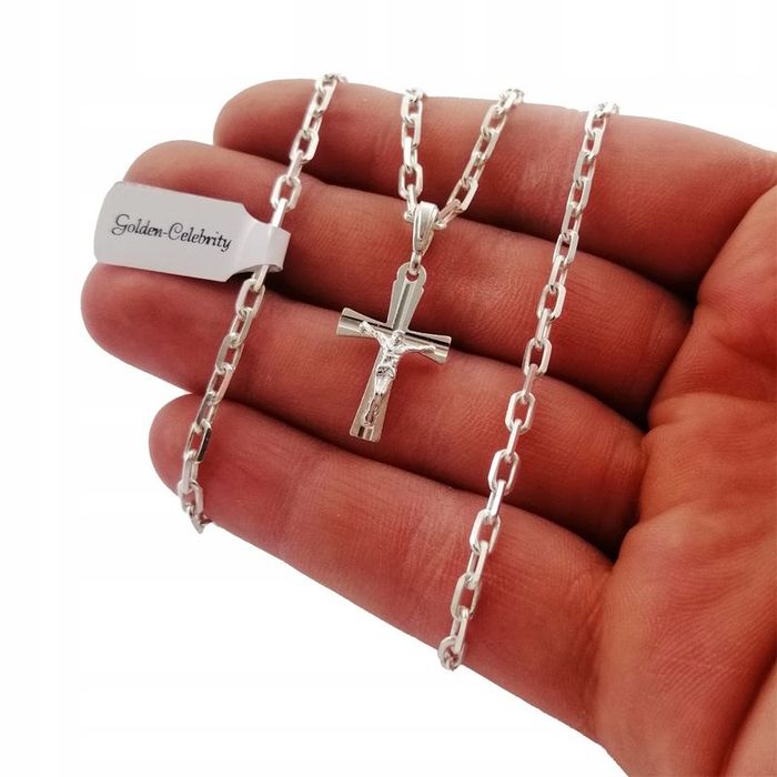 Elegancki Srebrny Łańcuszek Ankier + Krzyżyk Jezus 925 Prezent Dla Chł