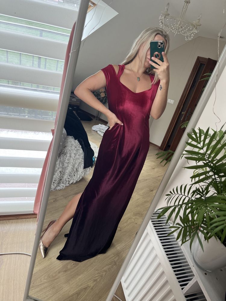 Suknia wieczorowa ombre czerwona bordo M L rozcięcie