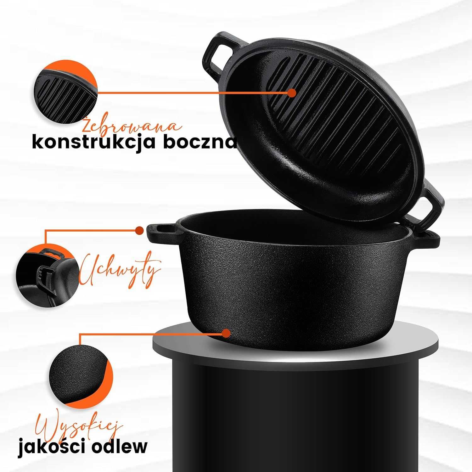 Żeliwny GARNEK HOLENDERSKI z pokrywką WIELOFUNKCYJNY 2w1 patelnia gril