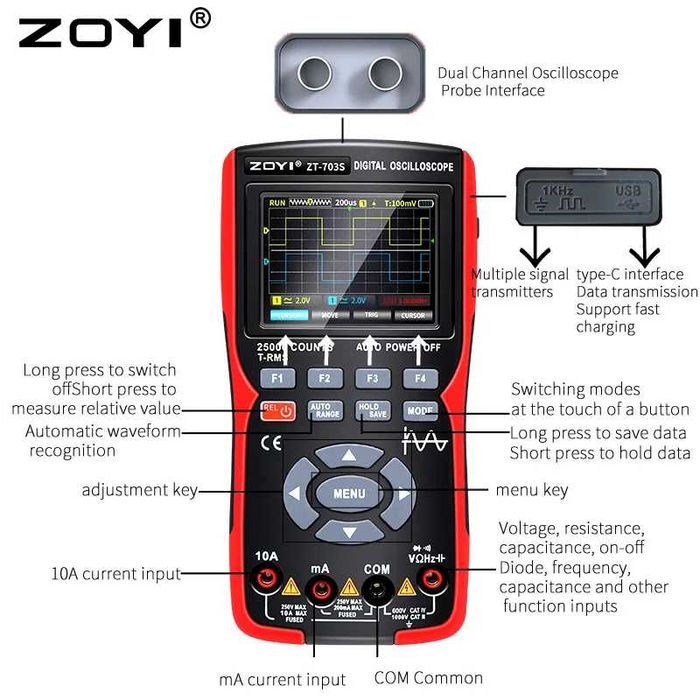 Zoyi ZT-703S oscyloskop 2x50Mhz, multimetr, 2 sondy