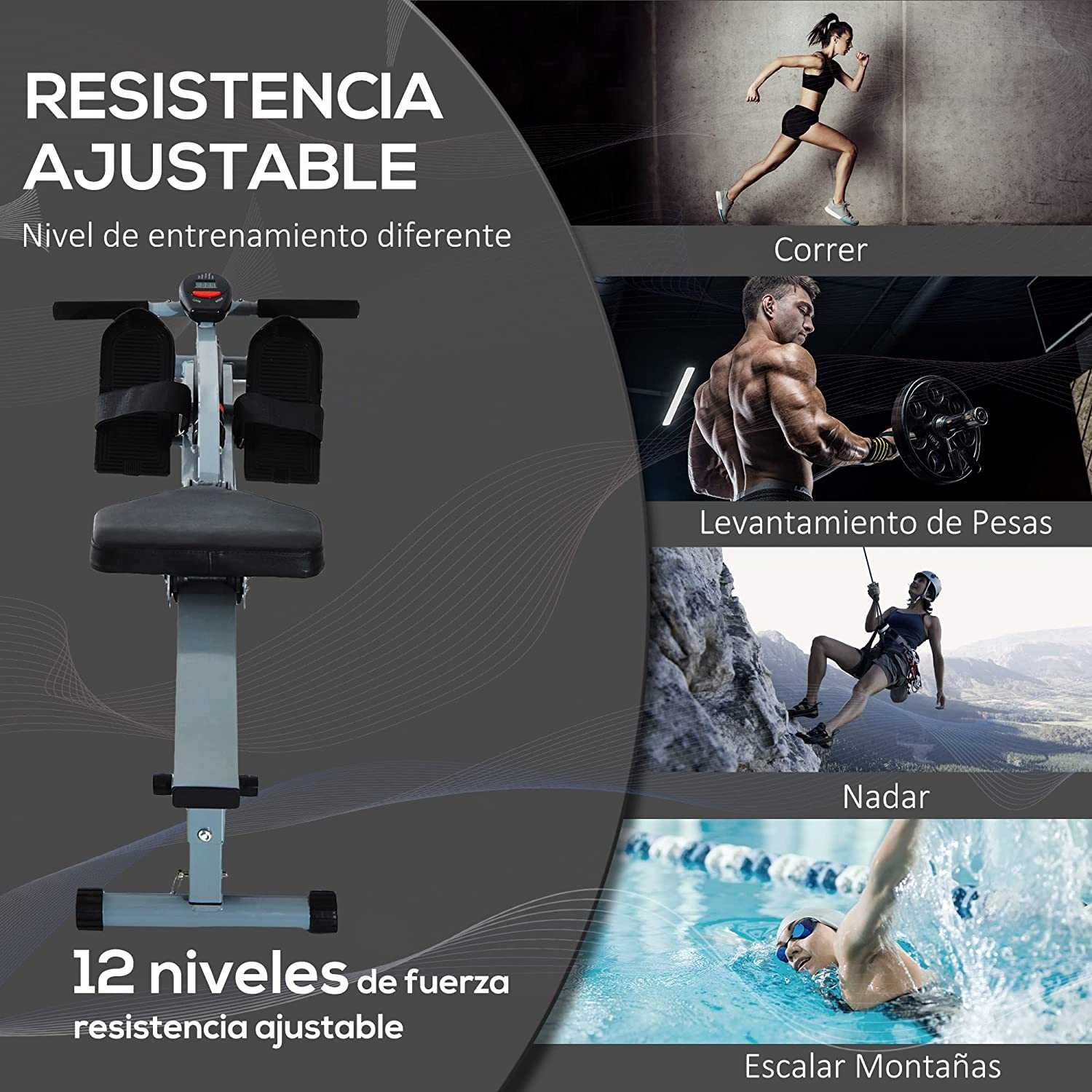 Máquina de Remo ajustável com ecrã LCD , carga 100 kg