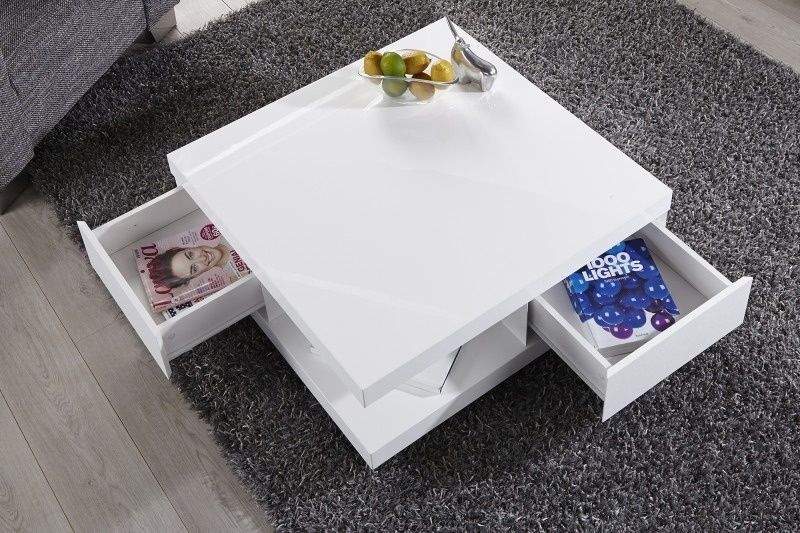 Stolik kawowy kwadratowy biały z szufladami i półkami