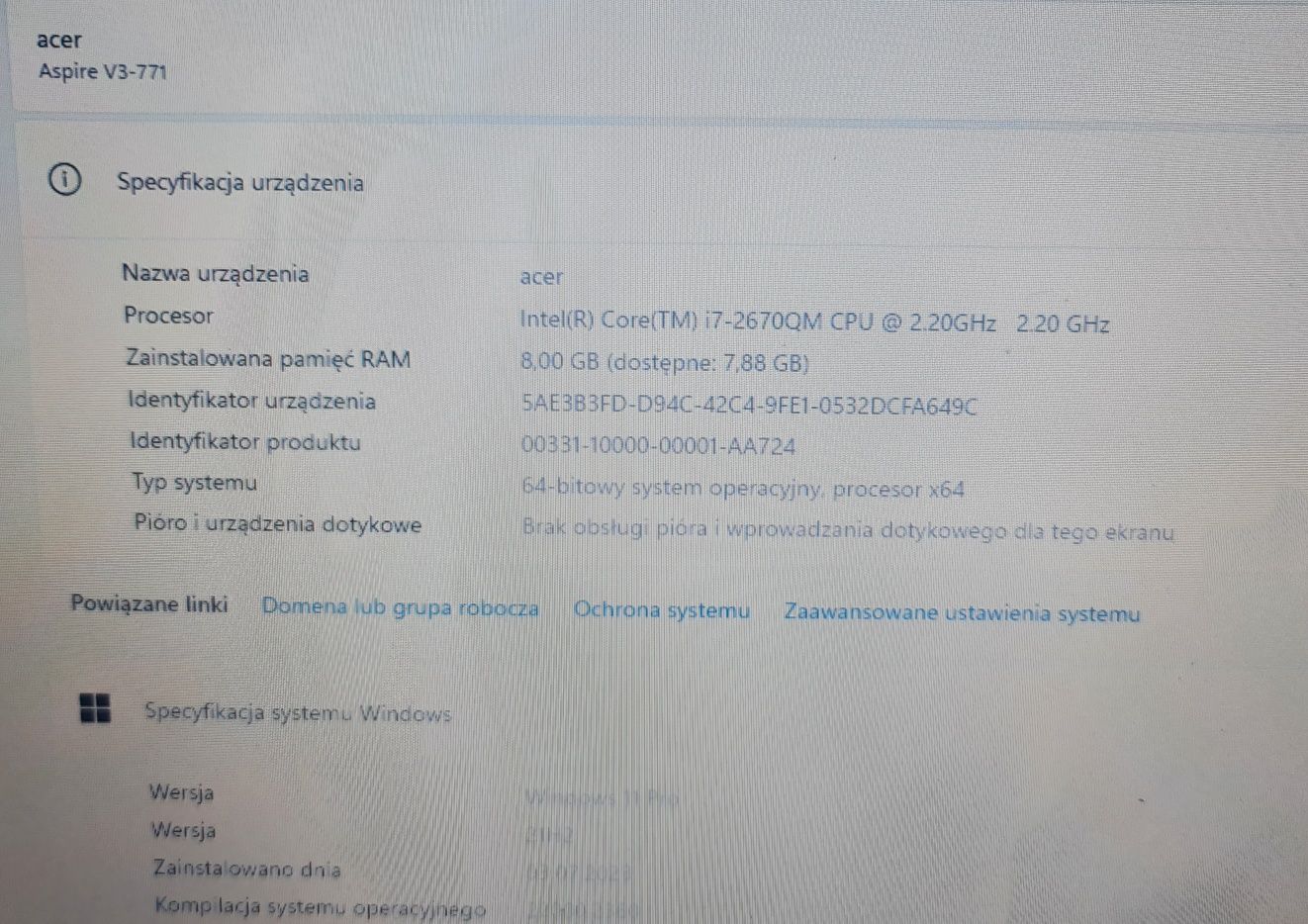 Laptop acer, Intel I7, 8GB ram, 256GB SSD, dwie grafiki,  17,3 cala