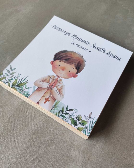 Pierwsza Komunia Święta drewniane pudełko życzenia podziękowania preze