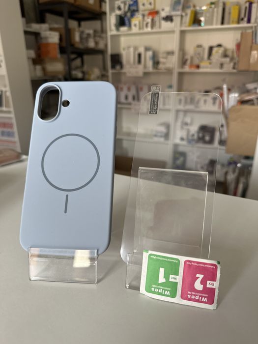 Szkło hartowane i etui silikonowe błękitne MagSafe do iPhone 16 PLUS