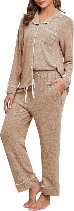 Piżama Damska XL: Koszulka Długi Rękaw i Spodnie Miękka Brązowa