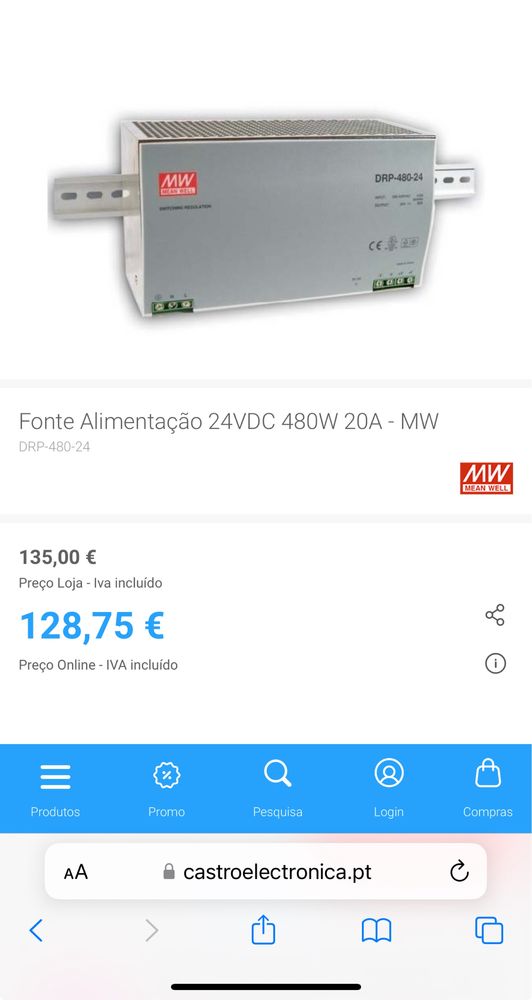 Fonte alimentacao 24VDC  480W  “MW” Mean well - Nova