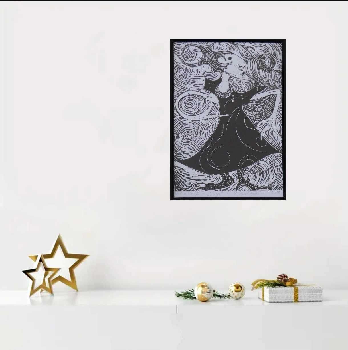 Grafika Linoryt " Jaga " sztuka,obraz z podpisem autora.