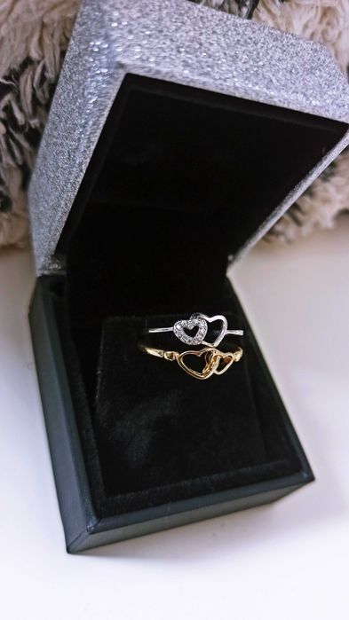 Pierścionki Srebrny & Złoty • Serduszka 925 • Opakowanie GRATIS •