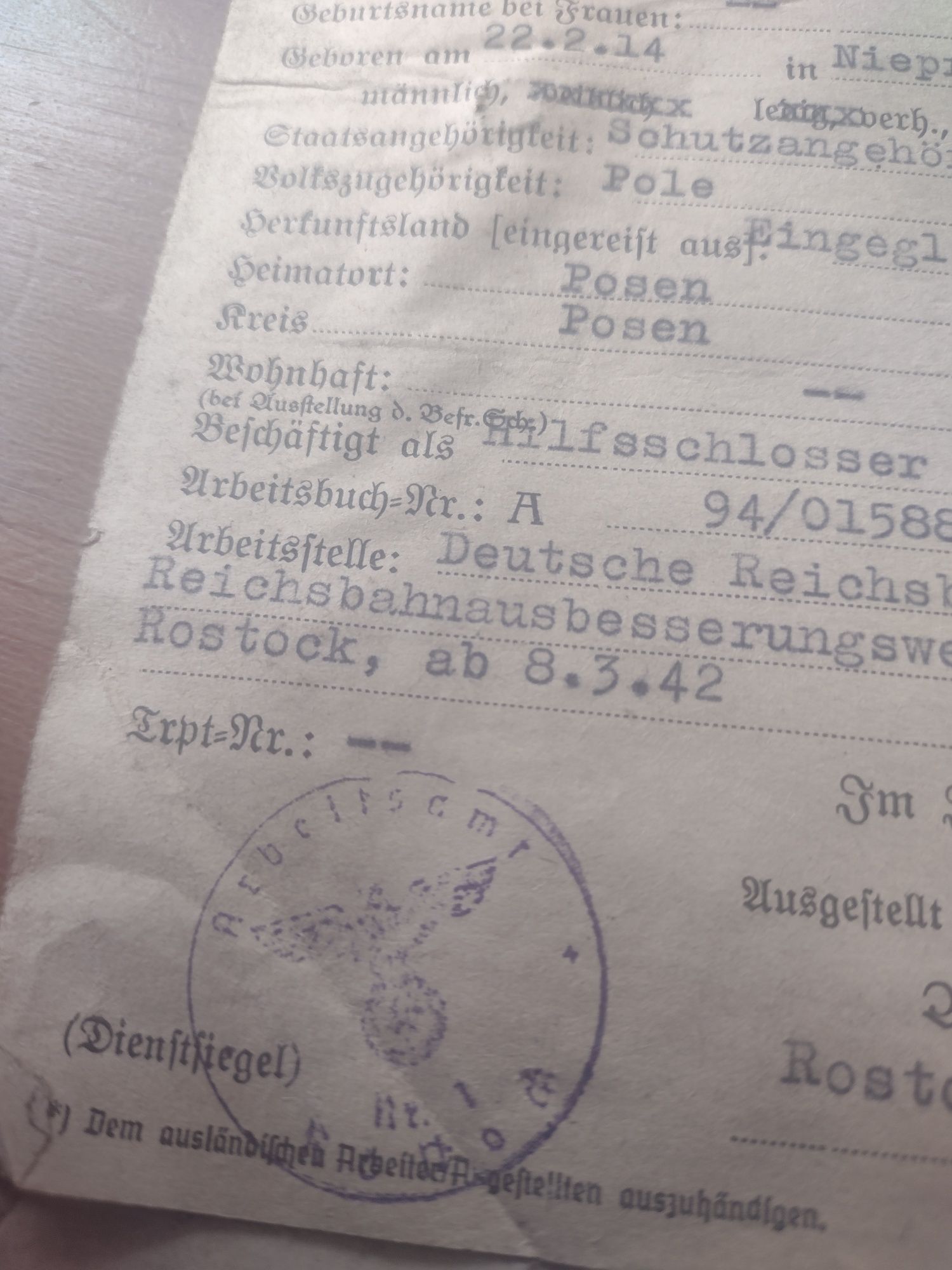 Karta pracy III rzesza Posen 1944 wojna