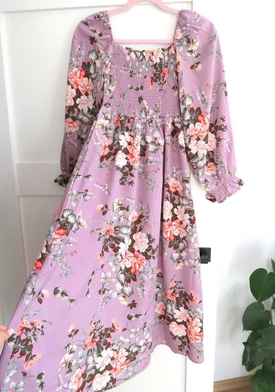 Liliowa sukienka w kwiaty S fioletowa boho wesele