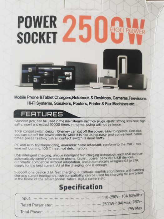 Listwa zasilająca 6xAC + 5xUSB. Nowa.