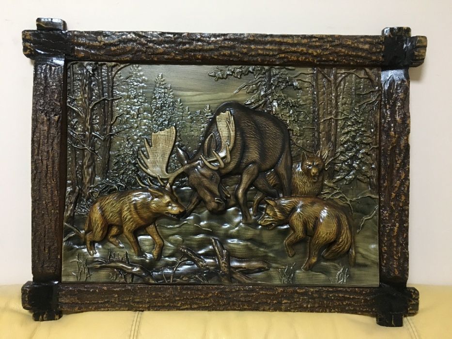Картина з дерева, охота на лосів, мисливські собаки