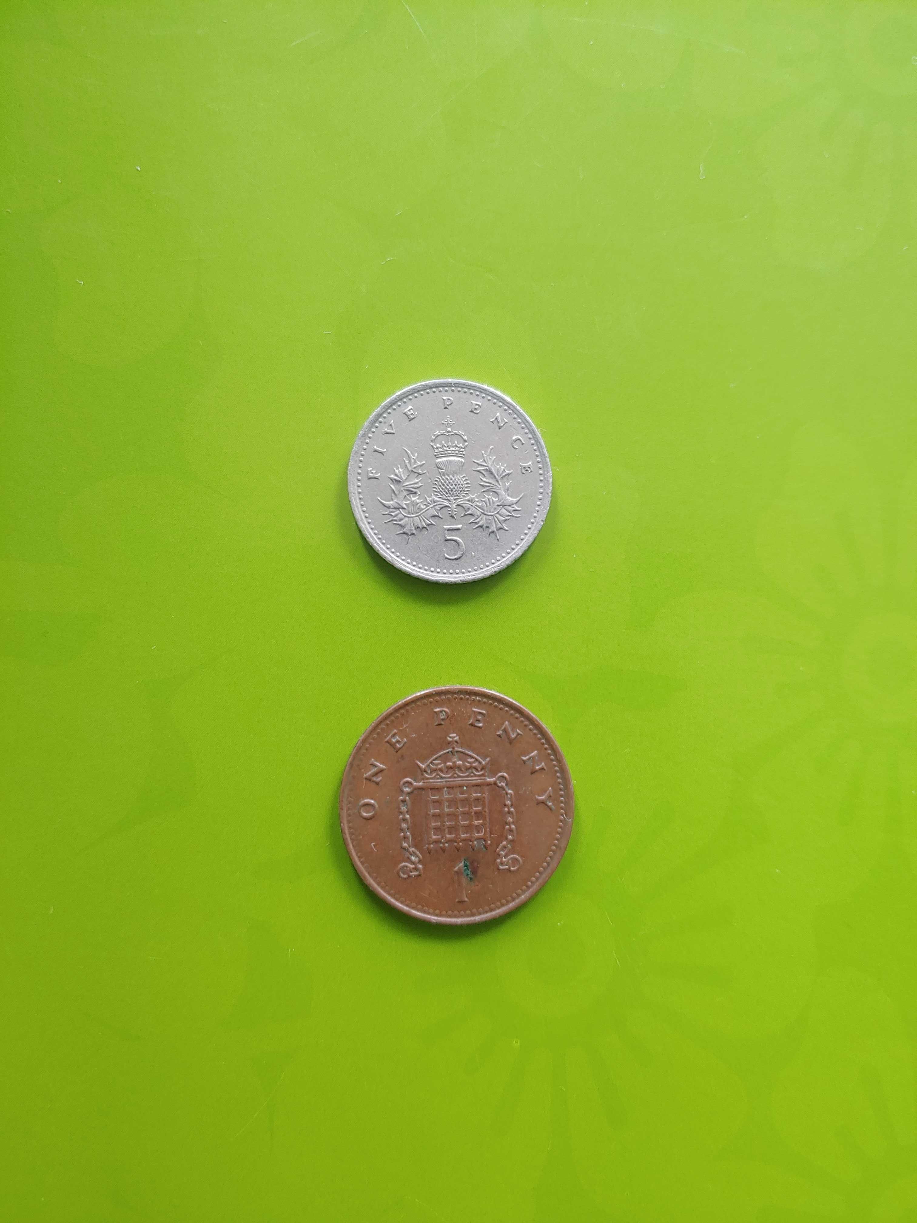 Монеты 1 пенни one penny 2001, 5 пенсов five pence 1992