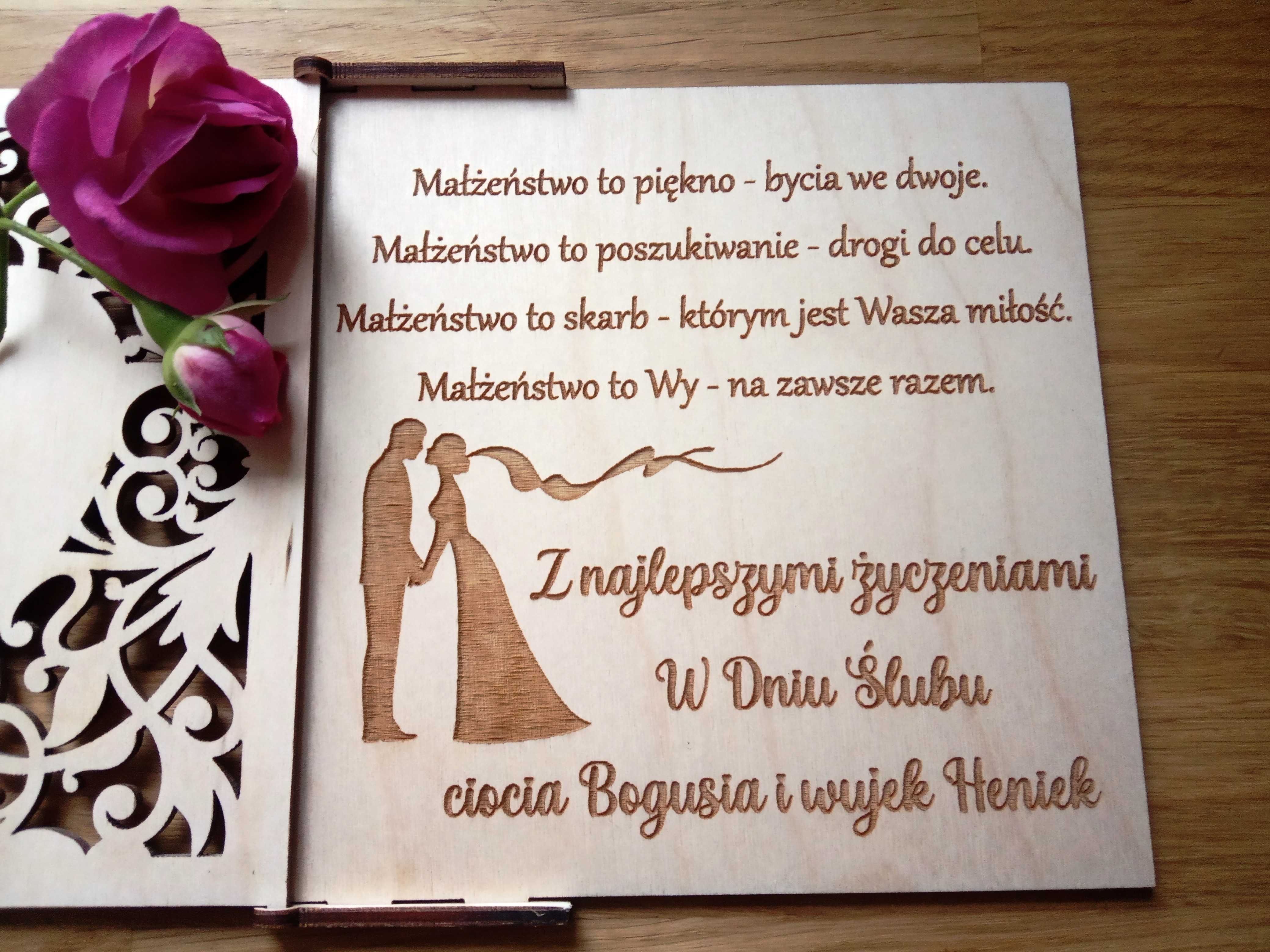 Drewniana ażurowa kartka na ślub pamiątka ślubu