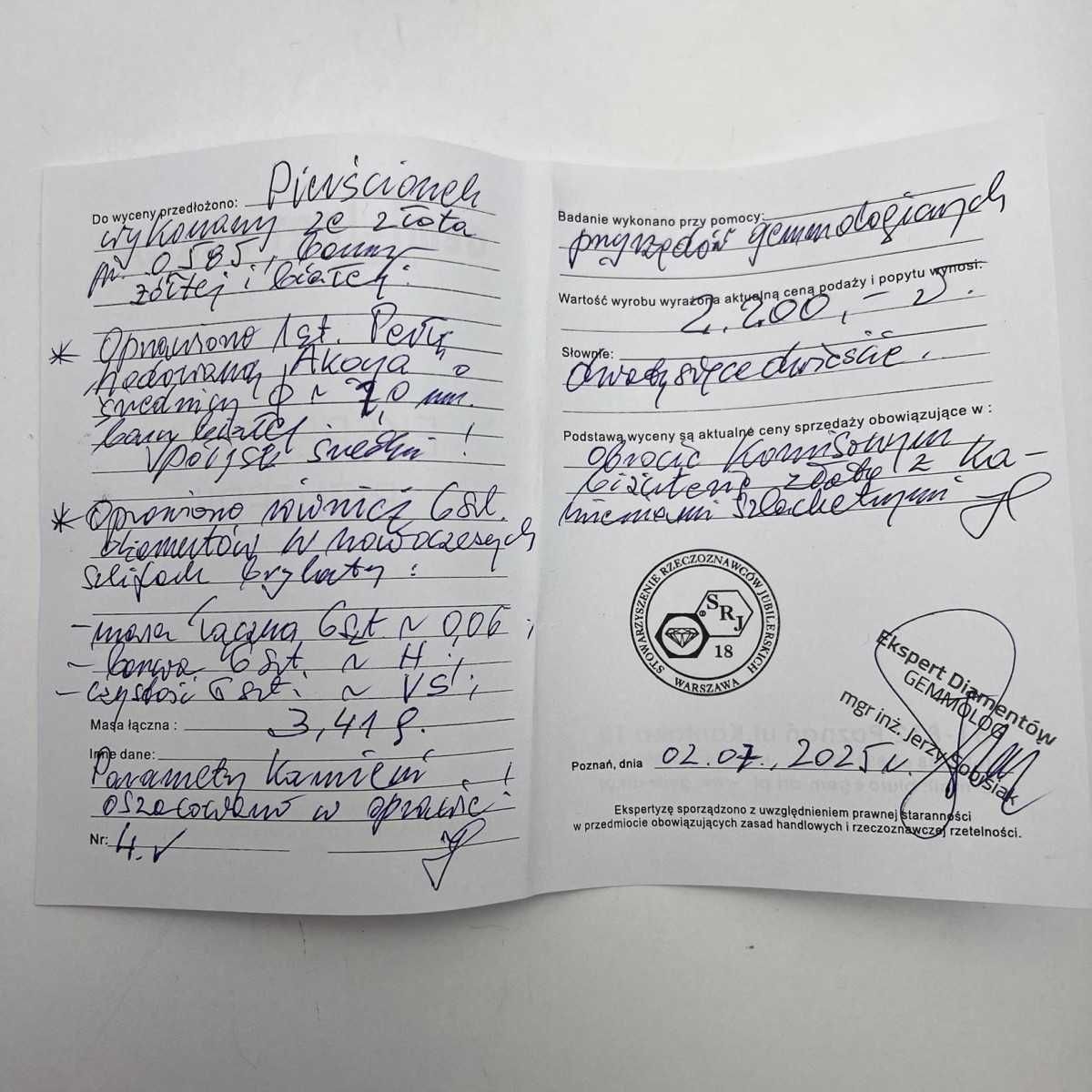 Wyjątkowy Złoty Pierścionek Perła Diament Brylant 0,06CT 3,41g R15 585