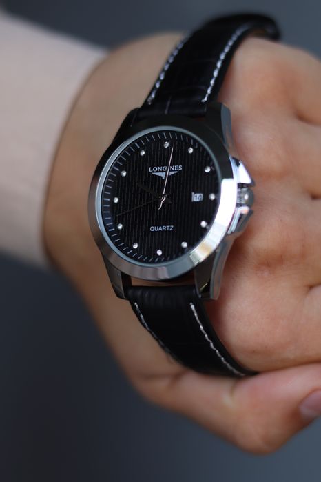 Мужские наручные часы LONGINES серебристые Кожаный ремешок Время Дата