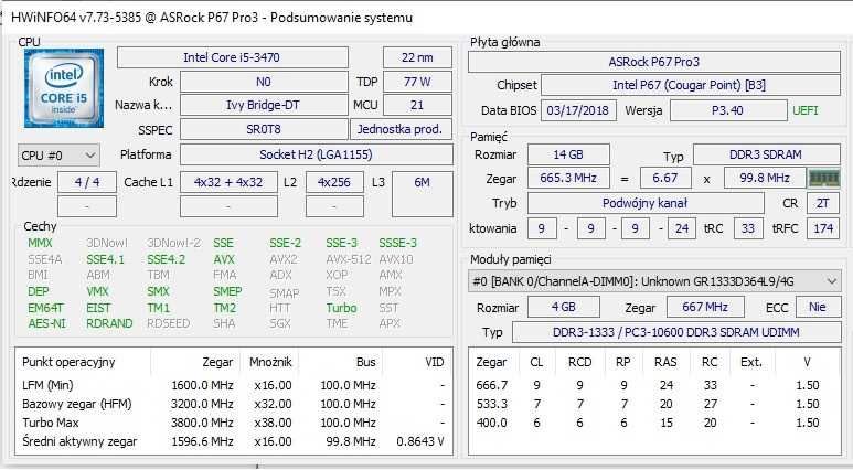 ASRock P67 Pro 3 B3 + i5 3470 + 14GB RAM