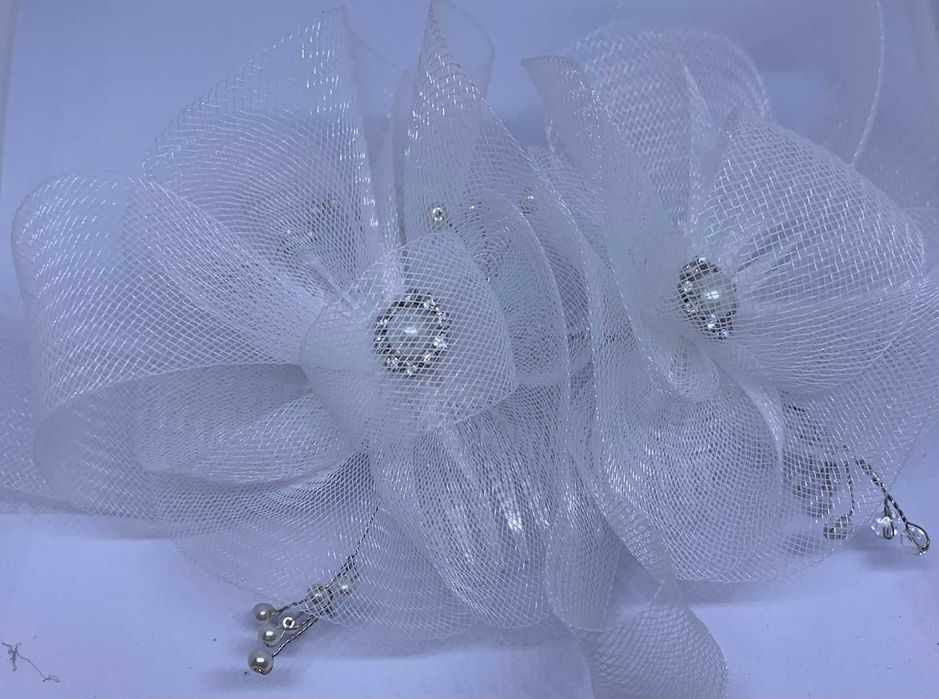 nowy efektowny fascynator ślubny kwiaty perły bardzo duży dodatek glam