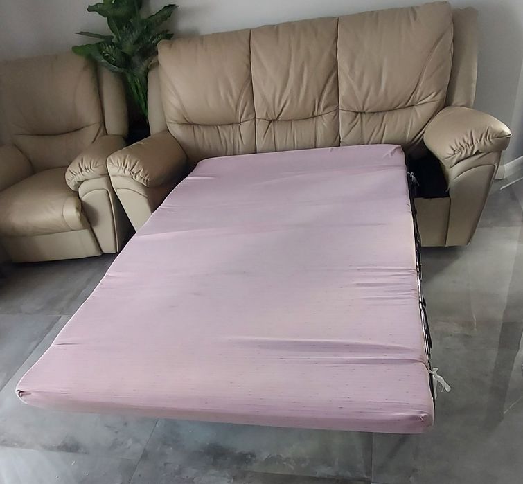 Skórzana sofa z funkcją spania  + 2 fotele rozkładanel- transport