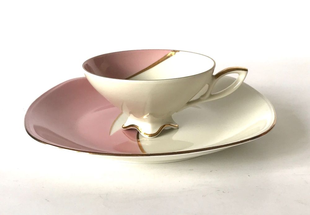 Duo śniadaniowe Mitterteich talerz filiżanka różowa lata 60.