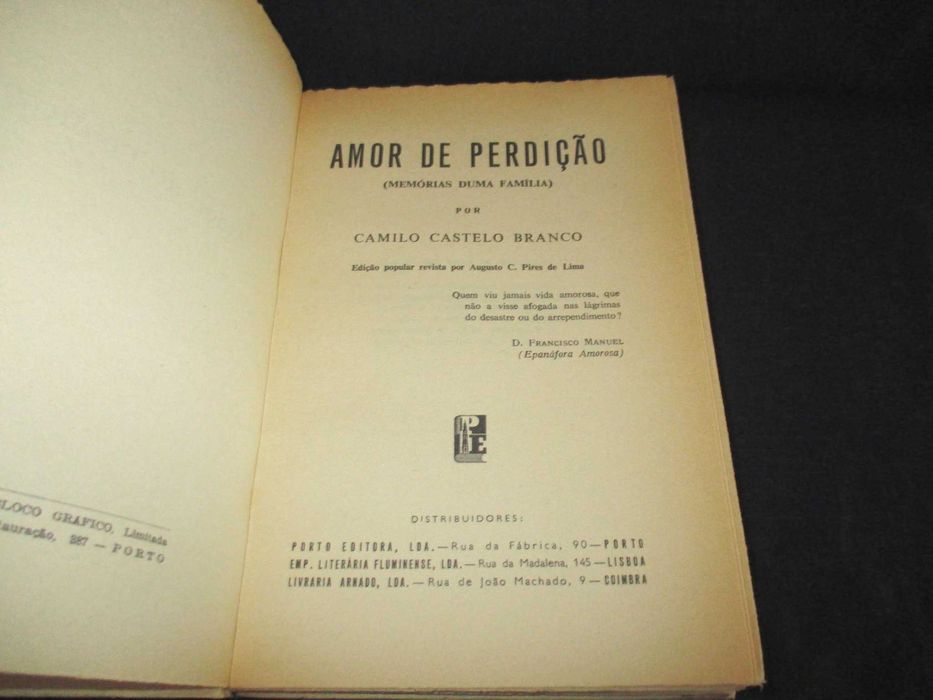 Livro Amor de Perdição Camilo Castelo Branco