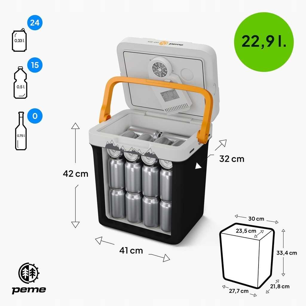 Lodówka turystyczna 27L – chłodzi i grzeje, 12V/230V, USB, tryb Eco