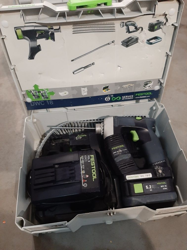 Wkrętarka do płyt GK FESTOOL DWC 18 + ładowarka + 2x aku 5,2 Ah + FV