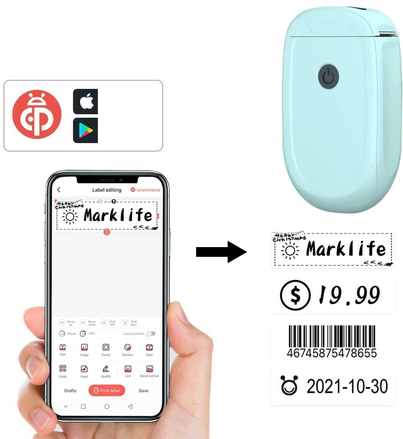 Drukarka etykiet mini MARKLIFE P11 Android/ IOS Miętowa Bluetooth