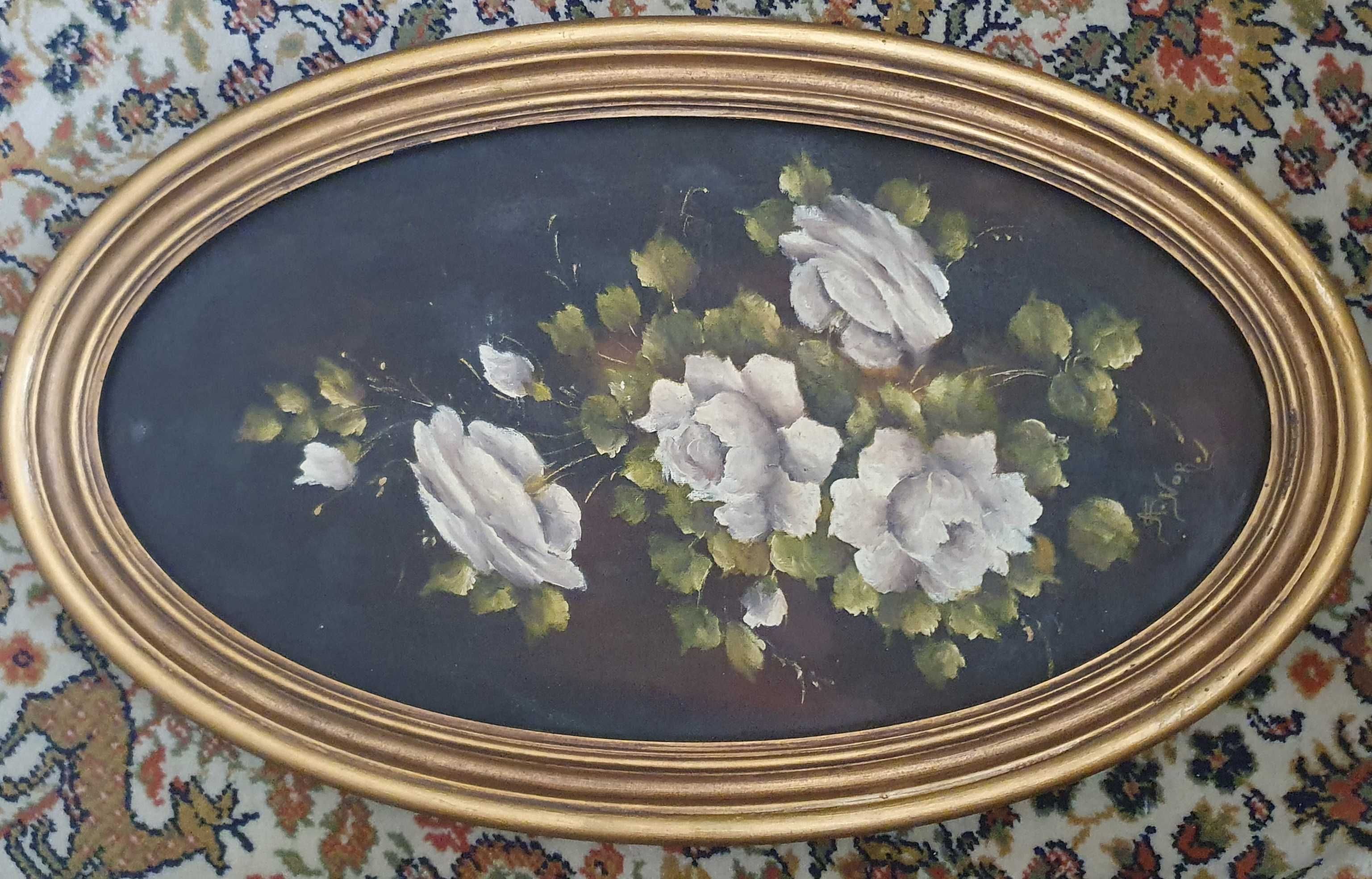 A. Nor. Linda Pintura Floral original, a óleo, oval, anos 70 - 62x37cm