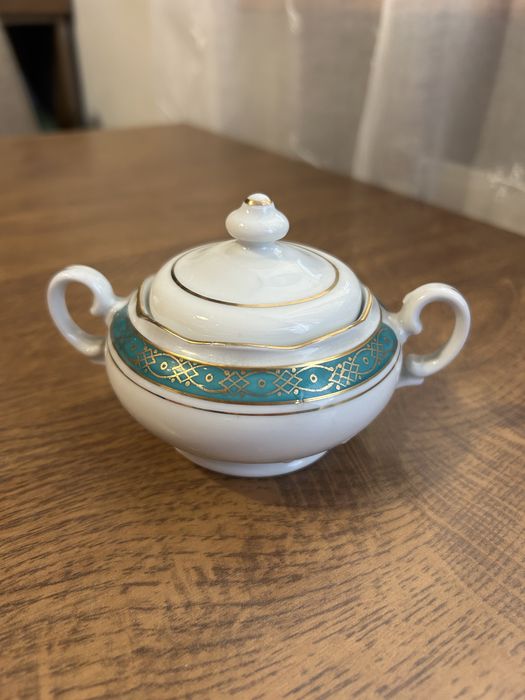 Mała cukiernica porcelana Wałbrzych turkusowy motyw