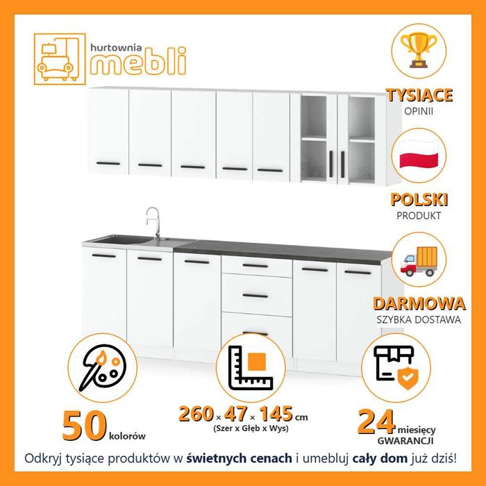 Kuchnia Nowoczesna Z Blatem Remino 2.6m Zestaw Kuchenny Biały Modułowy