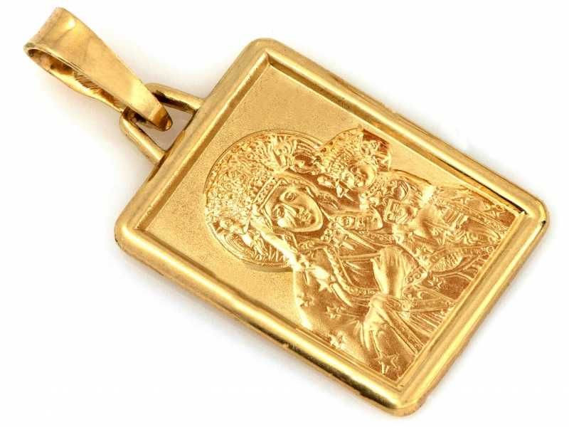 Nowy Medalik złoty z Matką Boską Częstochowską duży prostokątny PR 585