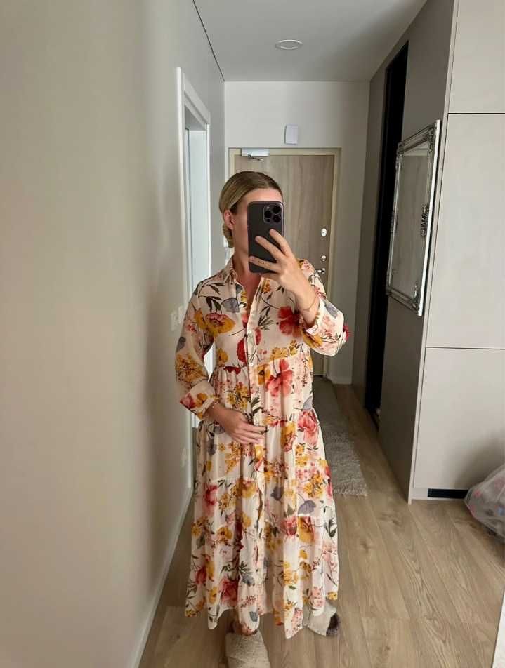 Zara długa maxi kolorowa sukienka szyfonowa koszulowa w kwiaty S/M