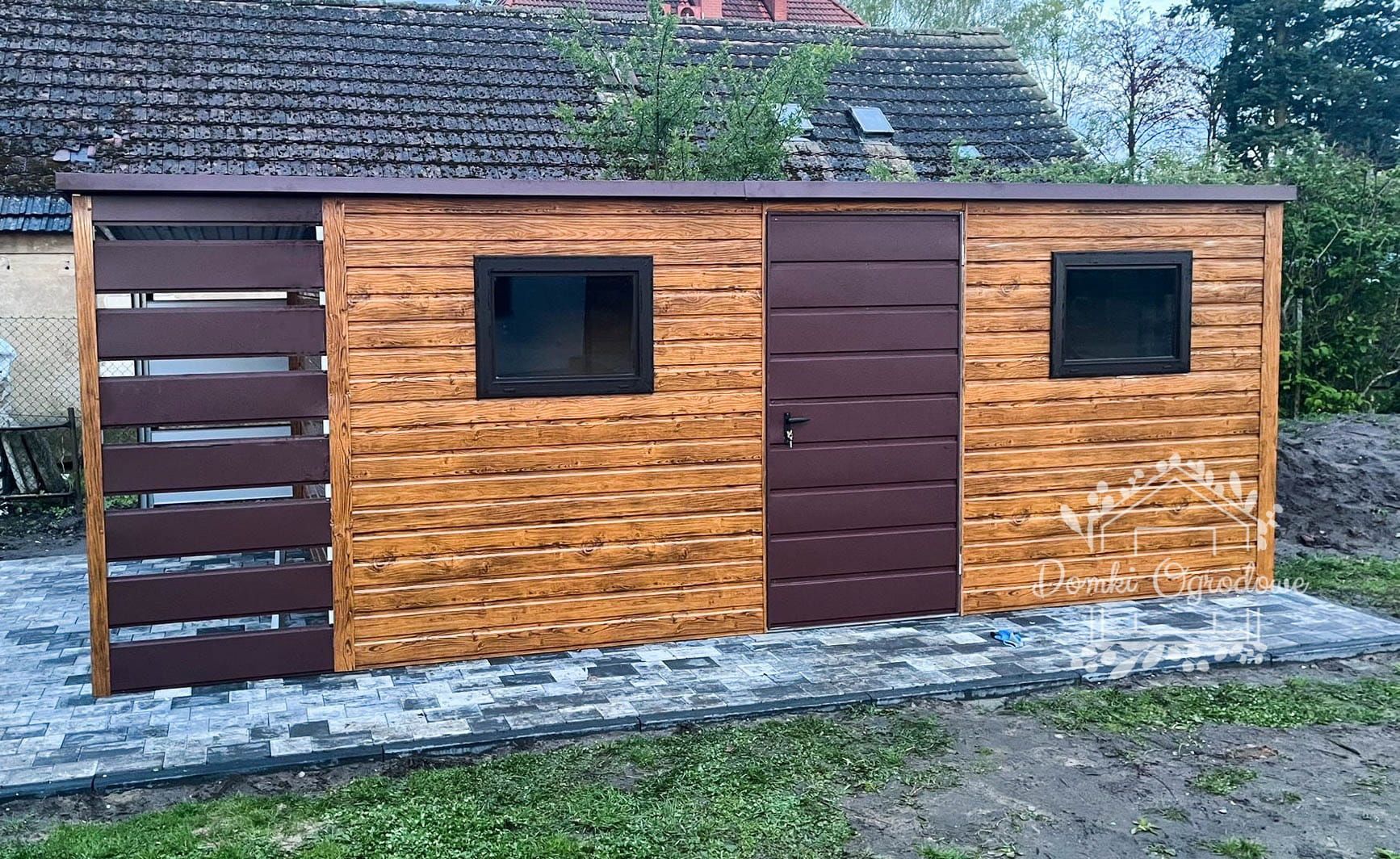 Domek Ogrodowy 5x2,5m Wiata 1,5m Jasny orzech - Drewnopodobny  ID558