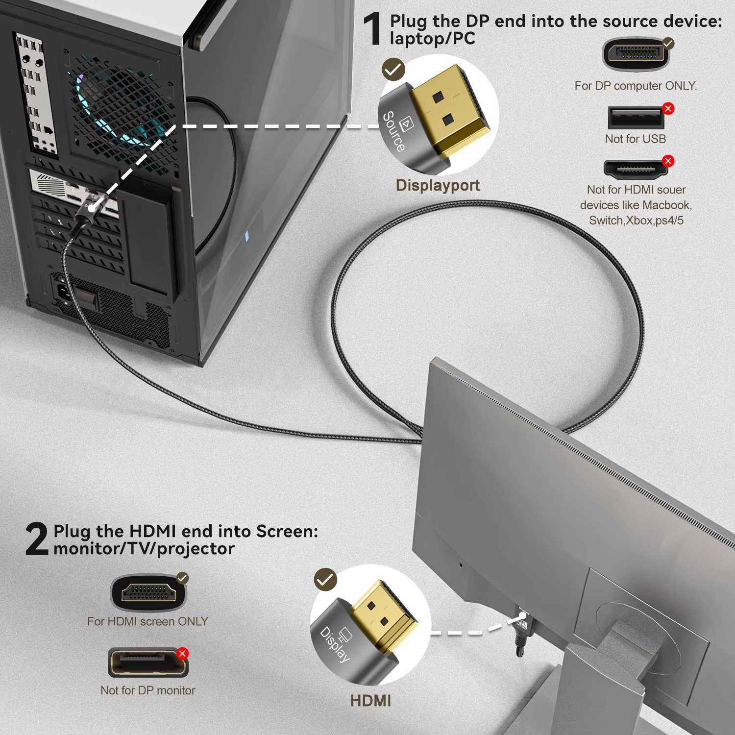 Кабель мультимедийный DisplayPort to HDMI 4K60Hz UltraHD 2 метра