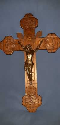 Krzyż rzeźbiony dębowy ogromny piękny!