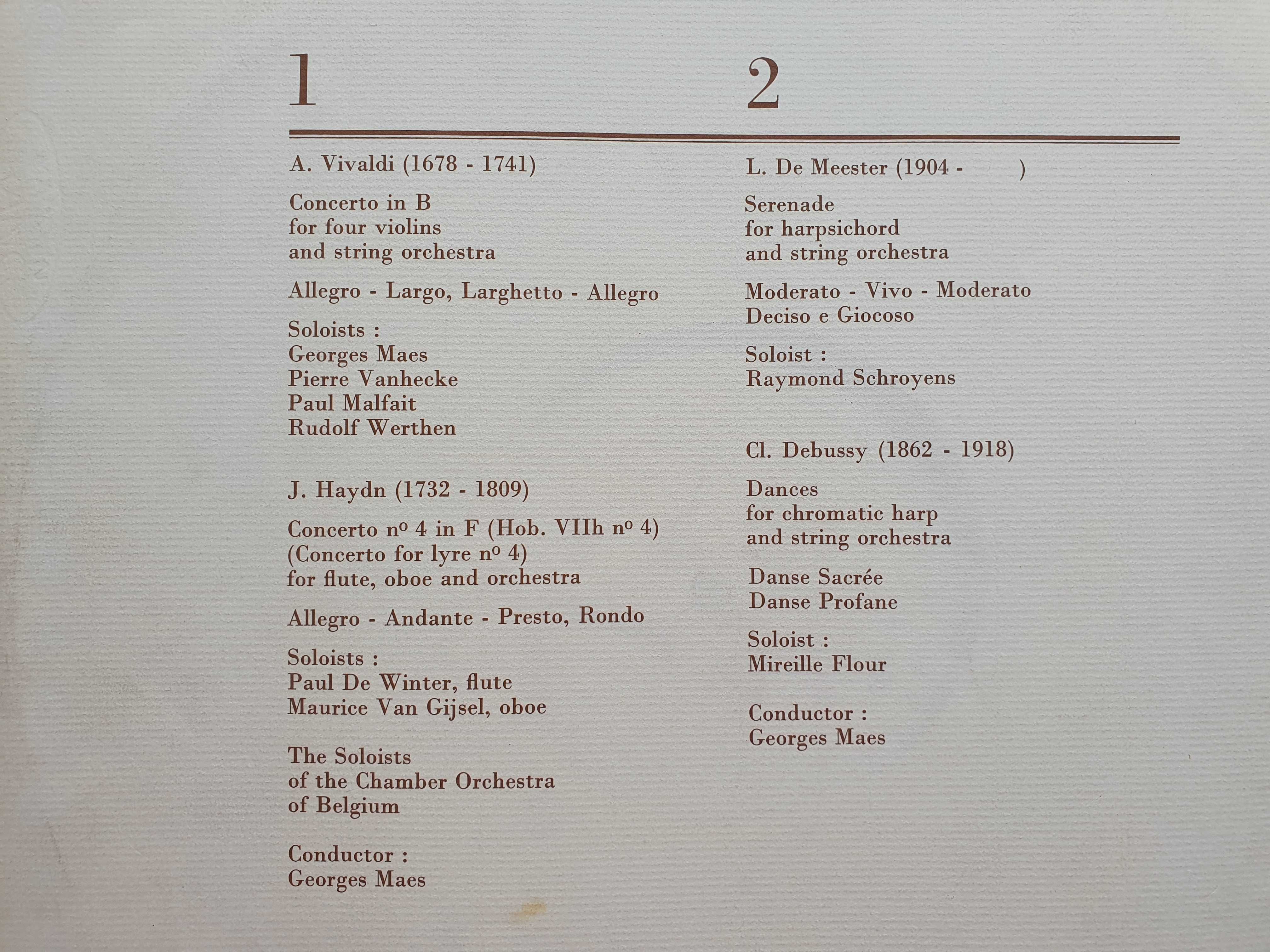 Antonio Vivaldi Joseph Haydn Claude Debussy Louis de Meester Winyl