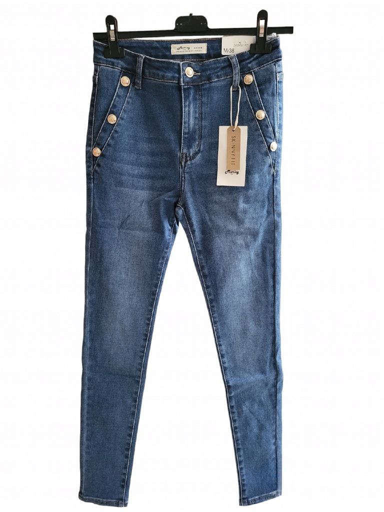 Jeansy spodnie damskie skinny fit rurki złote guziki wysoki stan XL/42