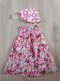 Sukienka dla dziewczynki w kwiaty używana + kapelusik,  76 (9-12 m.)