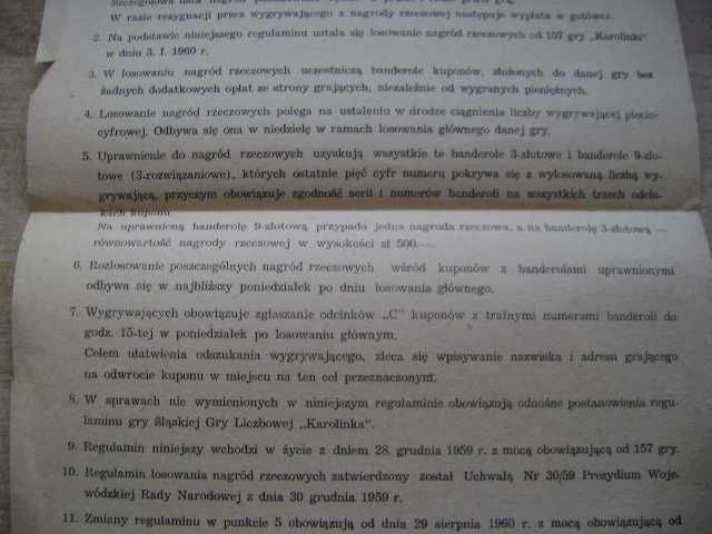 Starocie z PRL - GRY = "Karolinka" śląska gra liczbowa = Regulamin
