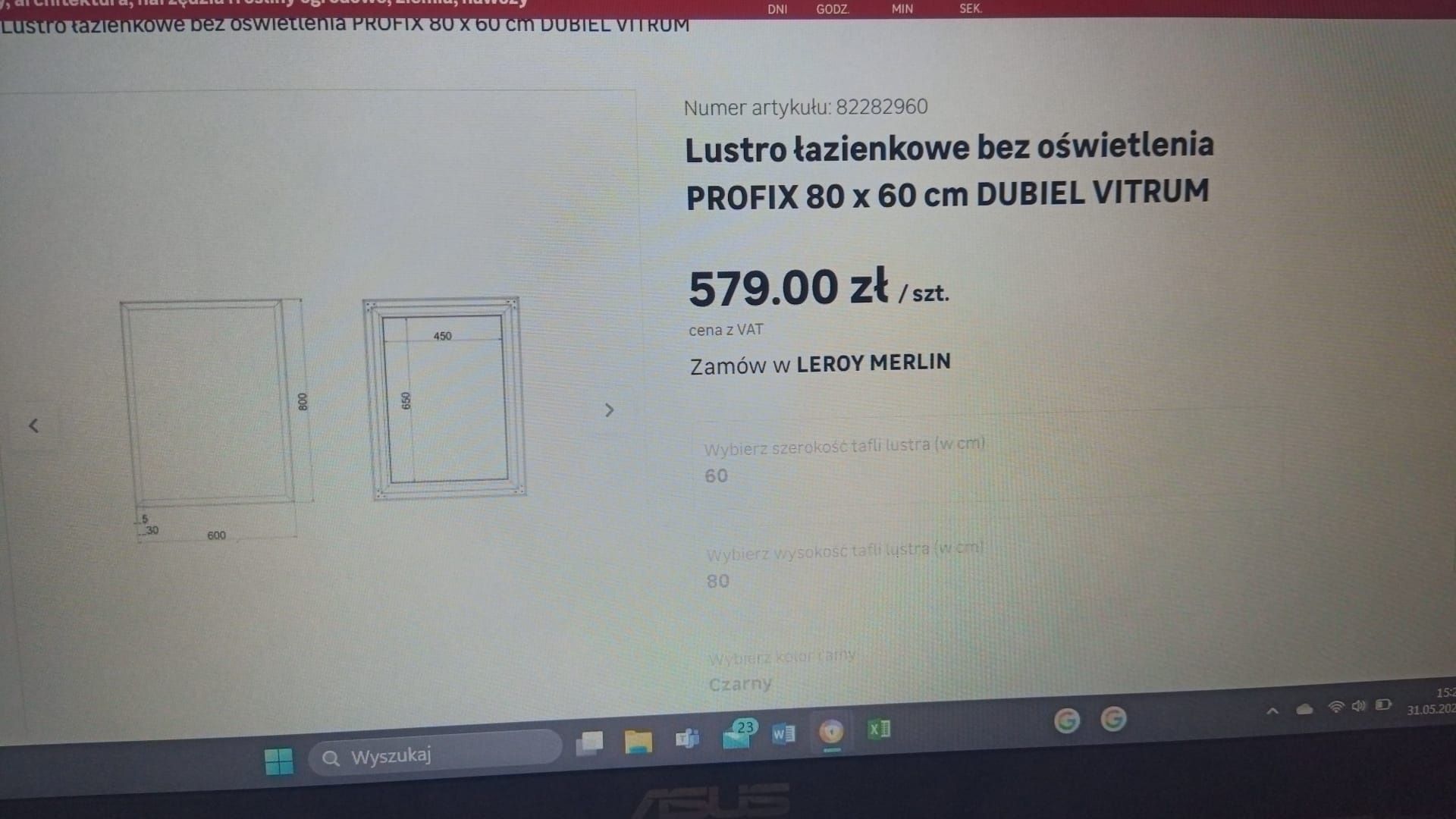 Lustro łazienkowe 60x80 czarna rama aluminium