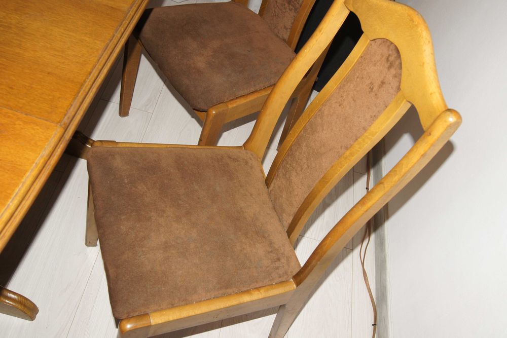 Drewniany rozkładany dębowy stół i 6 krzeseł do renowacji + wkładki