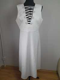 Biała elegancka dłuższą midi sukienka głębszy dekolt L 40