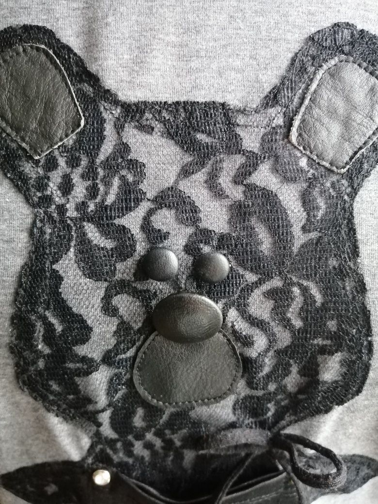 Bluzka hande made z aplikacja z koronki i skóry L XL