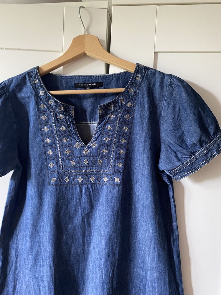 Jeansowa tunika boho z krótkim rękawem z lyocell S 36