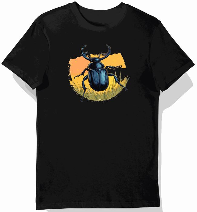 Koszulka męska czarna z nadrukiem chrząszcza z rogami na łące L