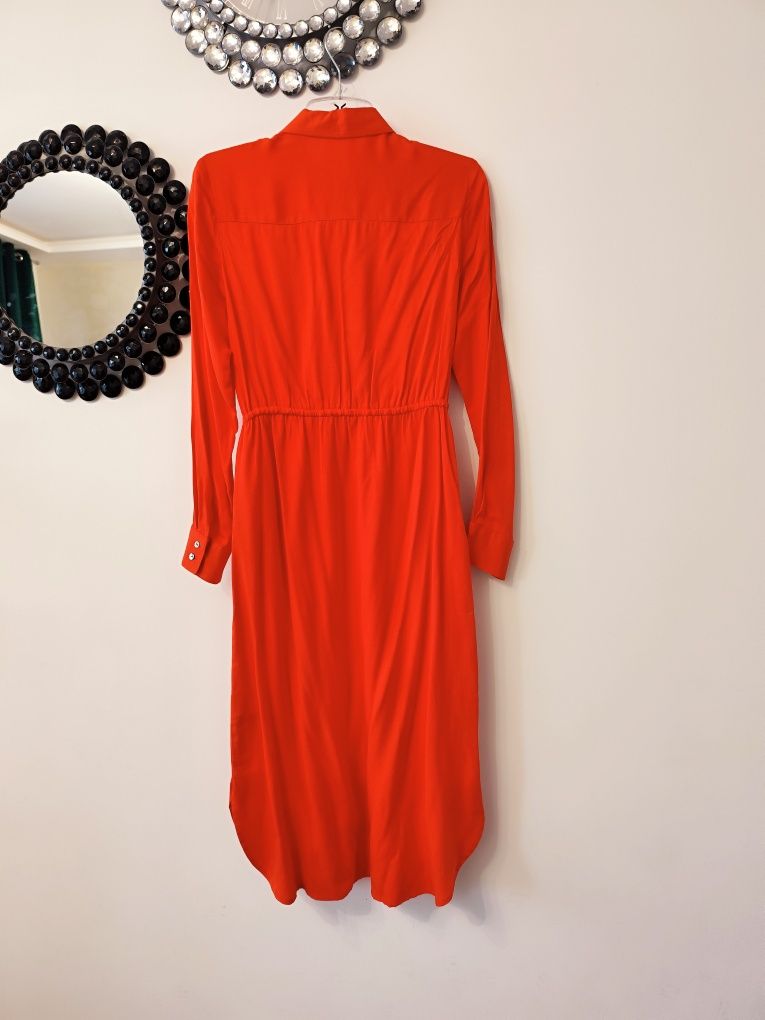 Sinsay xxs czerwona sukienka koszulowa MIDI perłowe guziki Boho