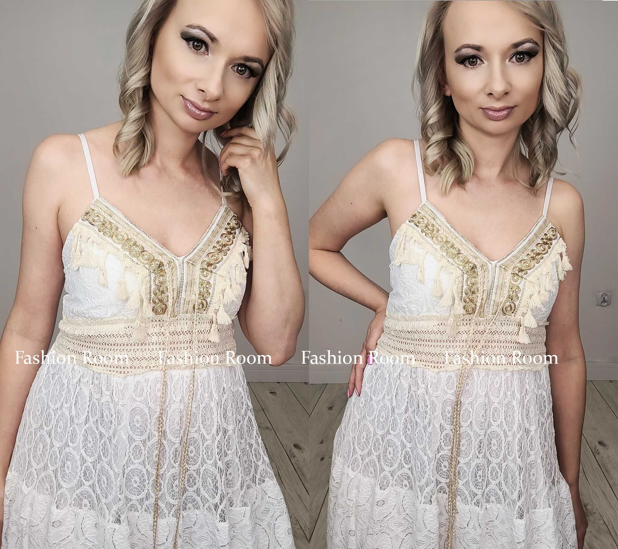 Sukienka BOHO koronka haft wesele chrzciny komunia MAXI na ramiaczkach